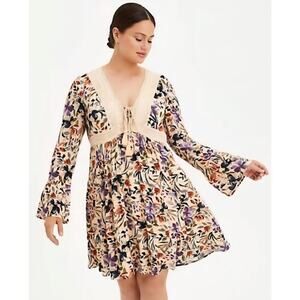 Torrid Dress Boho 1X Floral Knee Length V Neck Eyelet Lined Tassel Long Sleeve
